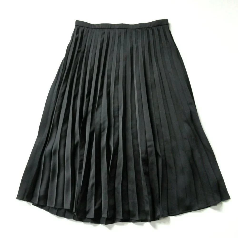 NWT J.Crew Pleated Midi in Black Satin A-line Skirt 10 $98